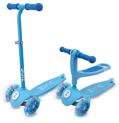 Zinc 3-In-1 Kids Scooter for Ages 1+ - Adjustable 3 Wheeled Scooter with Removeable Seat, Lean ‘n’ Steer, Rear Footbrake & Light Up Wheels – Perfect for Toddlers, Beginners, Boys & Girls, Blue