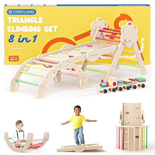COSYLAND Klettergerüst Indoor L - Montessori Indoor Spielset mit Kletterbogen & Rutsche -8-in-1 Massivholz-Spielplatz - Kletterbogen ab 1 Jahr - Warmfarben