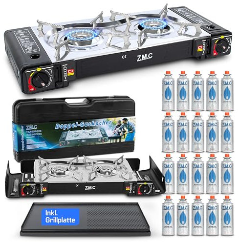 ZMC Camping Gaskocher 2-flammig inkl. Adapter für LPG Anschluss + Aufbewahrungskoffer, Campingkocher mit Gaskartuschen 227g und Grillplatte Wählbar (Gaskocher + Grillplatte + 20x Gaskartuschen)