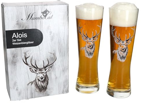 MamboCat Alois 2er Set Weizenbiergläser | Klassische Biergläser mit Hirsch-Motiv für stilvollen Biergenuss | Geschenkverpackung inklusive