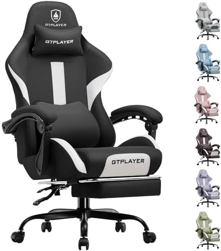 GTPLAYER Gaming Chair with Foot Rest & Pocket Spring Cushion, Breathable Fabric for Home Office Desk, Ergonomic High Back Computer Chair with Headrest & Lumbar Support, Black