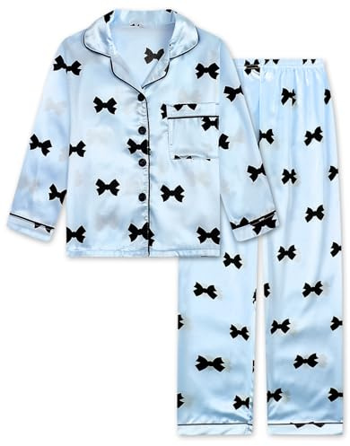 JiAmy Pigiama da bambina a maniche lunghe, set estivo per bambini, in raso, 2 pezzi, con bottoni, per adolescenti, biancheria da notte con stampa, età 8-12, Blu, 9-10 Jahre
