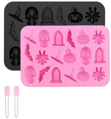 JUKOTA Molde de silicona de Halloween, 2 moldes de chocolate para Halloween, calavera, calabaza, murciélago, araña, gomitas, moldes de silicona para Halloween, caramelos, chocolate, gelatina