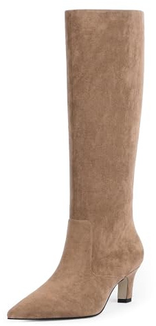 Easyfox Tan Suede Knee High Boots for Women 2025 Fall Faux Leather Tall Boots Pointed Toe Kitten Low Heel Long Boots Size 8.5
