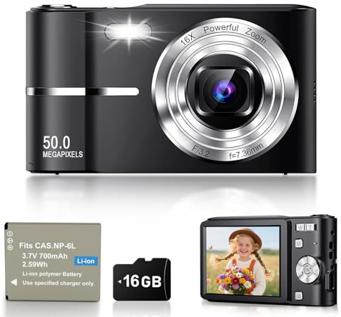 Camara de Fotos Digital Compacta, 50MP 1080P Digitales Camaras con Pantalla de 2.4”, 16X Zoom Digital, Mini Video Cámara Flash Antivibración para Infantil, Principiantes y Adultos, 16G Negro