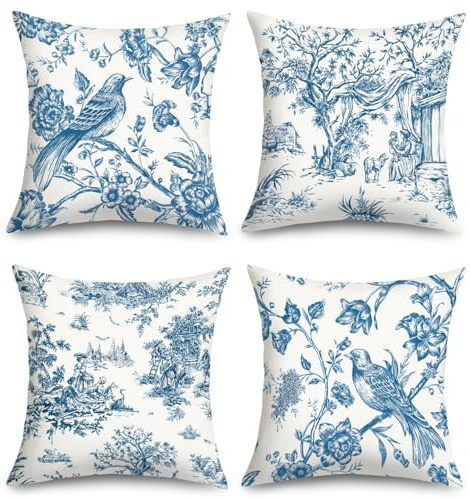 Joymaison Vår vintage fransk landsbygd blommig fågel kuddfodral 50 x 50 pack med 4 vintage blå chinoiserie blommor kvadrat prydnadskudde fodral dekorativ soffkudde med osynlig dragkedja