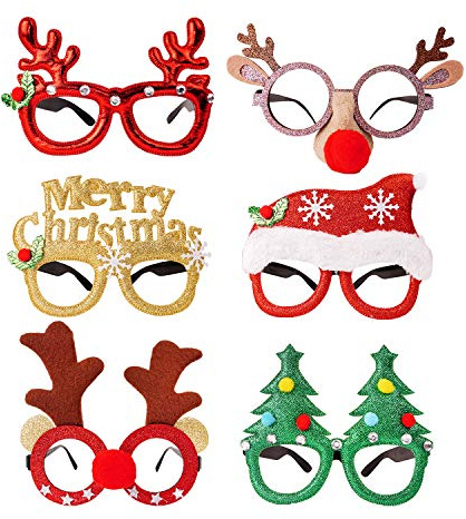 DERAYEE 6 Pieces Christmas Glitter Party Glasses, Xmas Novelty Eyeglasses Fancy Dress Costume Party Glasses Frame for Christmas Party Favors