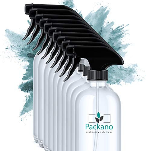 Packano® 10stk. x leere 500ml PET Sprühflaschen mit schwarzem Sprühkopf I Geeignet auch für Reinigungsmittel I Klarer Leersprüher ohne label I Besitzt eine Zerstäuber- und Stop-funktion