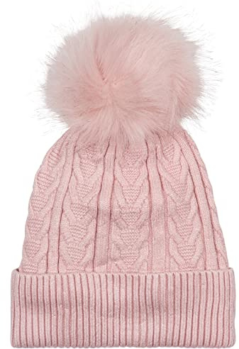 styleBREAKER 04024100 Bonnet à pompon en maille fine pour femme avec motif torsadé en fourrure synthétique, rose, taille unique