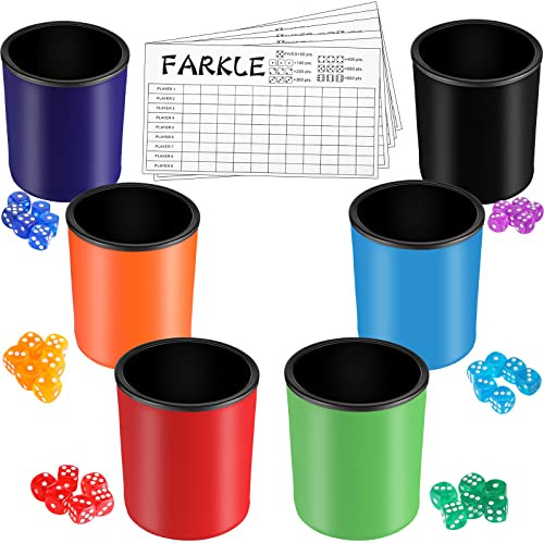 Zhanmai 6 Pcs Dice Cup Set for Farkle Game - PU Leather Cup with 36 Colorful Dice,6 Farkle Scorecards Set for Yahtzee Games Family Party Supplies