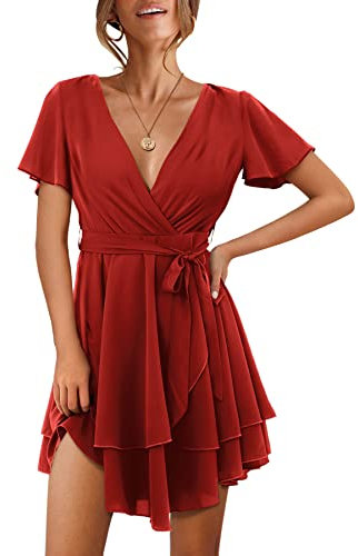 Beluring Kleid Kurzarm Damen Casual Hohe Taille Freizeitkleid Swing Plissee Tunika Kleider Rot M