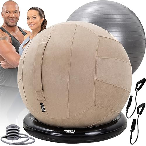 Miweba Sports Gymnastikball-Set - Traglast 500 Kg - 65 cm - Gymnastikball und Ballauflage aus PVC - Sitztrainer - Fitnessball Stuhl - Ergonomischer Sitzball - Sitzalternative Büro (Beige)