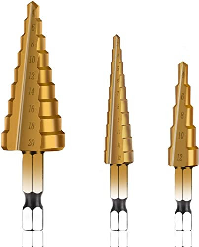 3Pcs HSS Titanium Coated Step Drill Bit Set, 1/4 Hex Shank Drive Quick Change High Speed Steel Cone Drill Bit for Sheet Metal Wood Plastic Hole Drilling Cutting (Metric 3-12mm/ 4-12mm/4-20mm)