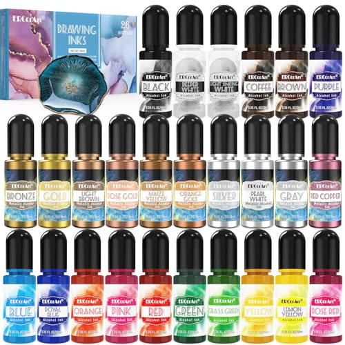 Alcohol Ink Set - ERCorArt 26 Colori Vivaci e Concentrati, Inchiostro ad Alcool per Resina Epossidica, Pittura Artistica, Creazione di Capsule di Petri In Resina - 10 ml/Bottiglia