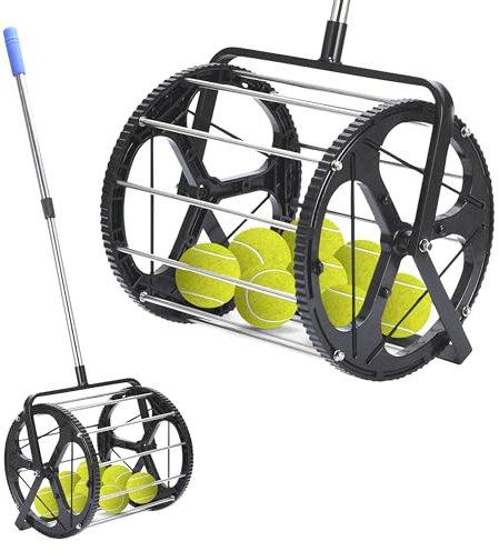 Effekt Manufaktur Tennisball Sammler/Rolle - 50+ Bälle Kapazität, Verstellbare Teleskopstange aus Metall - Geeignet für Alle Oberflächen - Schwarz mit Blauem Griff - 34.2 x 109.5cm