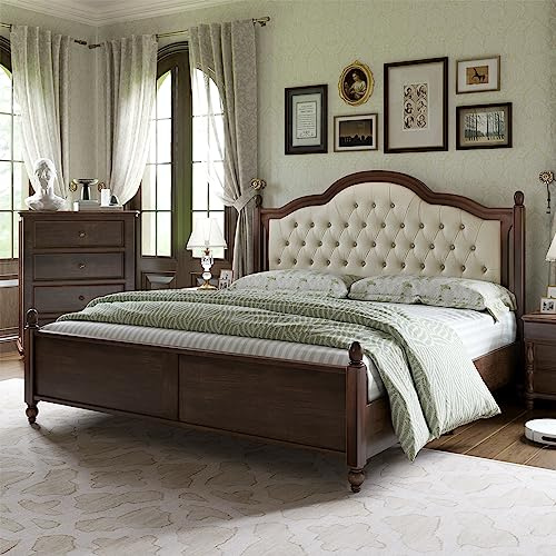 AMERLIFE King Size Solid Wood Bed Frame, Transitional Platform Bed with 52.5 Upholstered Tufted Headboard, Rubberwood/Roman Column Accents/Wood Slat Support/No Box Spring Needed