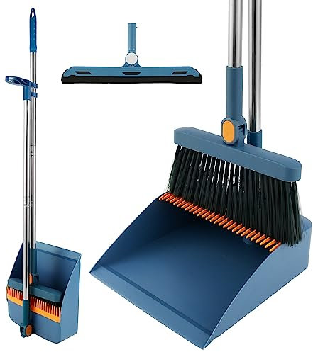 Escoba y pala para polvo, conjunto de escoba y pala de polvo, mango largo, 3 en 180 grados, giratorio, para barrer, pala de polvo, plegable, limpiaparabrisas, giratorio, 180 (azul)
