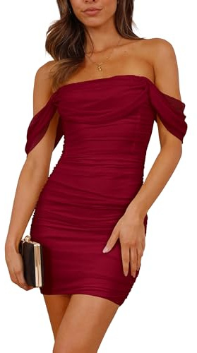 PRETTYGARDEN Cocktail Dresses 2025 Summer Off Shoulder Sexy Bodycon Ruched Mesh Graduation Wedding Guest Mini Short Dress (Wine Red,Small)