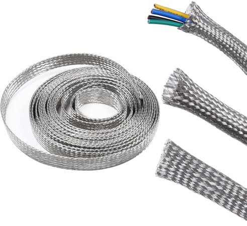 BuyUneed Tinned Copper Metal Braid Sleeving Wire Shielding Sleeve Braided Copper Ground Straps EMI/RFI Interference Expandable Flat Mesh Shielding Cable for Protect Wire (5/16inch-22ft)
