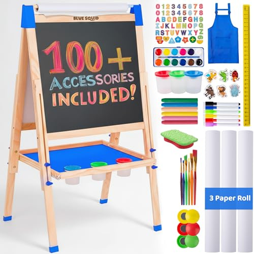 Chevalet Peinture pour Enfants 3 en 1 - Set 100+ Accessoires, Tableau Enfant Double Face avec Noir Magnétique, Chevalet Pour Enfant, Tableau Blanc Magnetique Enfant Sur Pied en Bois 3-4 4-8 9-12 ans