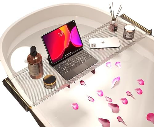 Badewannenablage Acrylglas, Tisch Caddy Transparent Badewannentablett Acryl Badewannenregal Badewannengestell, Mit Goldenen Griffen, Für Weingläser Tablet-Telefone Kerze Buch(Size:70CM)