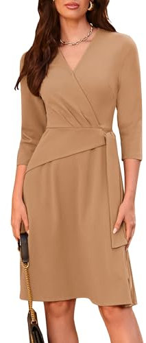 GRACE KARIN Vestido Midi para mujer, vestido envolvente con cuello en V y mangas 3/4, vestido de tirantes, Caqui., L