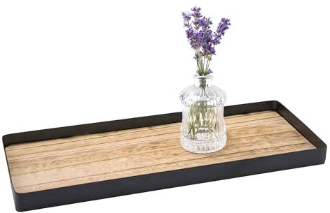 Kerzentablett mit Metall Rahmen und Holz Boden 45 cm x 18 cm - schwarz - Dekotablett schwarz Natur rechteckig mit Rand - Serviertablett Kerzenbrett Weihnachten Advent Geschenk Tablett