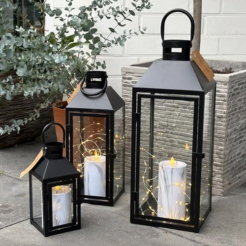 Lot de 3 lanternes de jardin - Lanternes en métal - Décoration extérieure - Noir - Hauteur : 23/39/49 cm