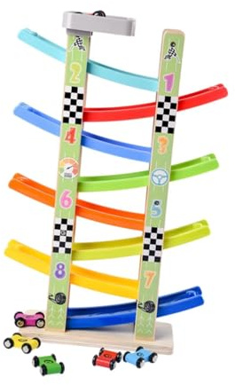 Perfeclan Racería de rampa de Autos de Madera Toy Interactive Color Ordening Vehicles de Autos de Carreras de Juguete Juega para niños en Preescolar de jardín
