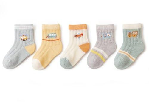 QKURT 5 pares de calcetines para bebés - Calcetines de media pantorrilla de malla fina y transpirable con dibujos animados de verano para niños y niñas de 6 meses a 8 años