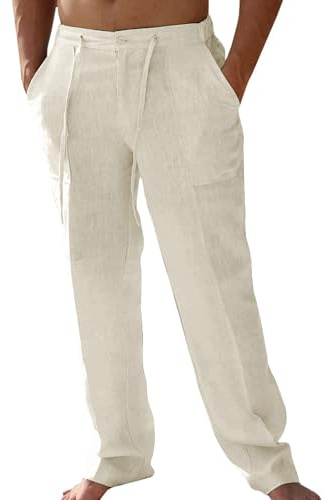 Friptspyg Pantalon Long en Lin pour Homme avec Poches, Couleur Unie, Pantalon de Loisirs, Léger, Coupe Ample, avec Cordon de Serrage, pour La Vie Quotidienne, Beige L