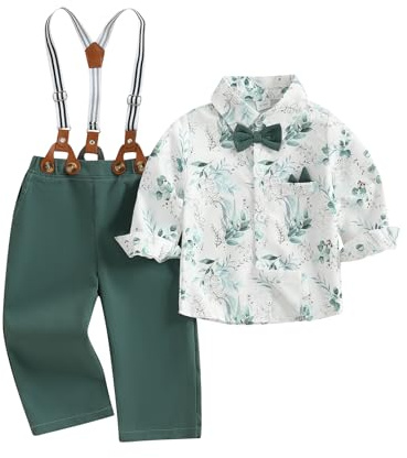 MAHUAOYIXI Tuta da uomo a maniche lunghe, collo con risvolto, camicie floreali con bottoni e papillon e pantaloni elastici con bretelle, set da 3 pezzi, Verde, 18-24 Months