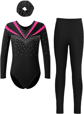 Yruioon Tenue De Gymnastique Pour Filles Ensemble De Gym Avec Pantalon Bandeau Pailleté Justaucorps Danse Classique Manches Longues Leotard Gymnastique Costume 5-16 Ans