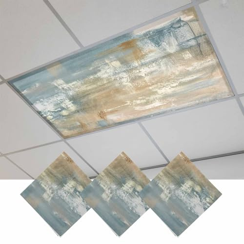 Fluorescent Light Covers, Blue Brown Magnetic Light Covers for Ceiling Lights, Vintage Modern Oil Painting Art Abstract Fluorescent Ceiling Shade Filters for Classroom Bedroom Office 4x2Ft x 3PCS