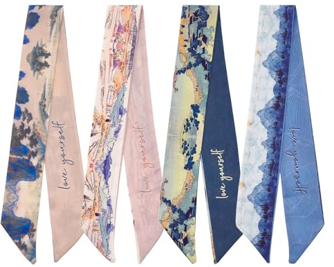 ZOUIQSS 4Pack Purse Scarf Handbags Skinny Twill Hair Scarves Narrow Neck Scarf Band Women Fashion Accessories Bag Charms 86cm