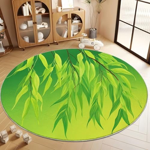 Tappeto Rotondo a Pelo Corto 100 cm, Tappeti Rotondo Verde chiaro Flanelle Morbido - Tappeto Motivo Rurale Pastorale Piante Salice Stampato Decorativi per Soggiorno Camera da Letto
