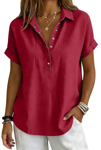 Chemisier Femme Été Col en V Coton et Lin Henley Chemise Manche Courte Boutonné Basique Bureau Travail Haut Respirant Plage Loisirs Tops Mode Randonnée Blouses