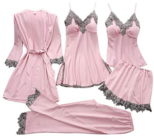 Shorty Pyjamas, dam, ärmlös – satinpyjamas, damset, nattkläder, enfärgad sovskjorta, spetsdetalj, hemmadräkt, spaghettiremmar, nattlinne, bekväm morgonrock med bälte