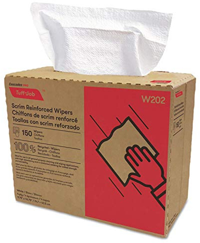 Cascades Tuff-Job Scrim Reinforced Wipers, 9 3/4 x 16 3/4, White, 150/Box, 6 Box/Carton