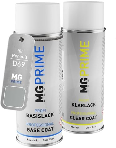 MG PRIME Vernice per auto Kit di bombolette a spruzzo per Renault D69 Gris Platine Metallic/Mercury Metallic Bomboletta spray da 400ml di vernice di base vernice trasparente