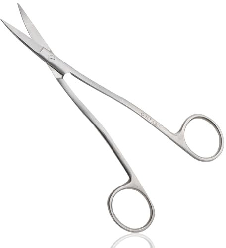 ONTAKI Doppelt gebogene Stickschere Deutsche Stahl-Applikationsschere mit abgewinkeltem Griff gebogene rasiermesserscharfe kleine Spitze bietet optimale Präzision für Stoffstiche - silber 16,5 cm
