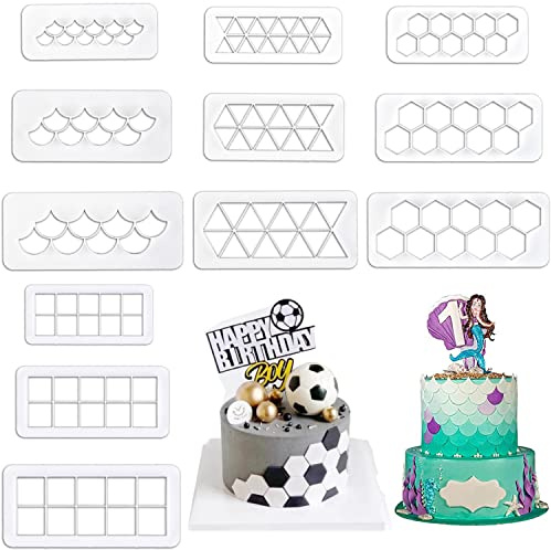 12 Pcs Cake Fondant Cutter, Fish Scale Fondant Cutters 4 Size Geometric Biscuit Cutters Cake Decorating Cookie Cutter Cake Border Decorating Tool for Square & Hexagon Cookie Cutters