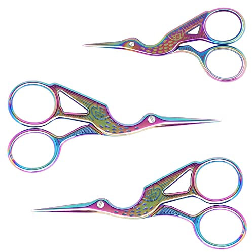 Stickschere, Nähschere mit Kranich Design, Storch Schere mit Scharfer Spitze aus Edelstahl für Stickerei, Handarbeiten, Heimwerken, Basteln und Täglichen Gebrauch, 3er Pack, Bunt