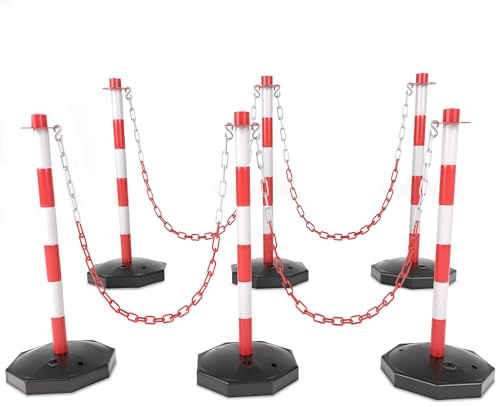 Outspurge 6 Pack Traffic Barricade Delineator Post with Fillable Base, Crowd Control Barriers, Cones for Parking Lot, Adjustable Stanchions with 5.4FT Plastic Chain Outdoor and Indoor (Red+White)