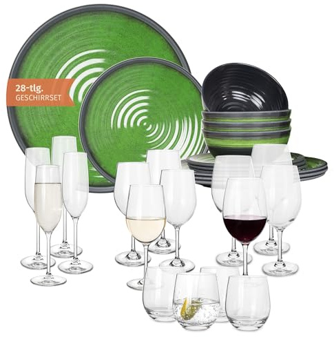 Melamin campingservis set för 4 personer stengrön + 16 tiamo-glas vattenglas vinglas champagne-glas flytande porslin picknick BBQ köksredskap