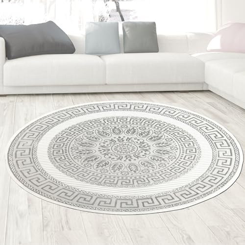 CARPETIA Teppich Wohnzimmerteppich Schlafzimmer Teppich modern edel glänzend elegant groß riesig Kurzflor Creme grau Durchmesser 200 cm Rund