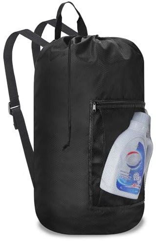 Laundry Bag Backpack Durable Laundry Bag with Shoulder Straps and Mesh Pockets Portable Laundry Dirty Clothes Hamper Bag for College Dorm (Black)