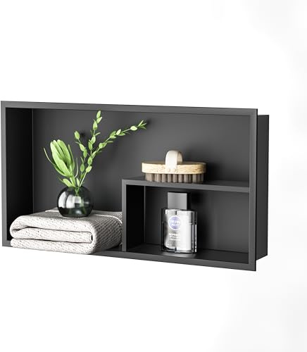 Bernkot - Nicho de ducha de acero inoxidable, 60 x 30 x 10 cm, sin necesidad de baldosas, doble estantes de pared, estante de ducha empotrado para almacenamiento de baño, color negro, estilo 1