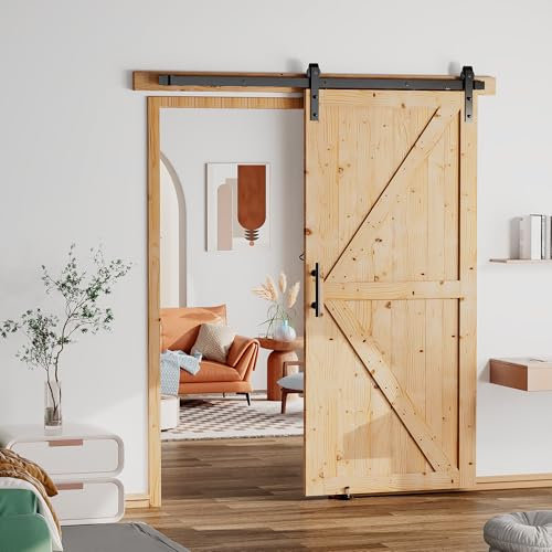 SANKEYTEW 91,4 x 213,4 cm unlackierte Schiebetür mit 1,8 m Scheunentor Hardware Kit erfordert einfache Montage, Scheunentore und Hardware im Lieferumfang enthalten (Schiebetür, K-Form)