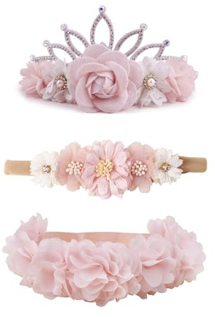 mligril Baby Girl Floral Headbands- 3pcs Nylon Headband Handmade Flower Crown Elastic Hairband Newborn Toddler Hair Accessories Gifts for Girls （1-6 years old）